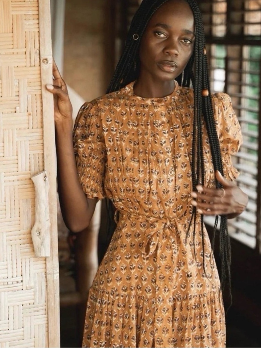 Daughters of India Mustard Floral Midi Dress